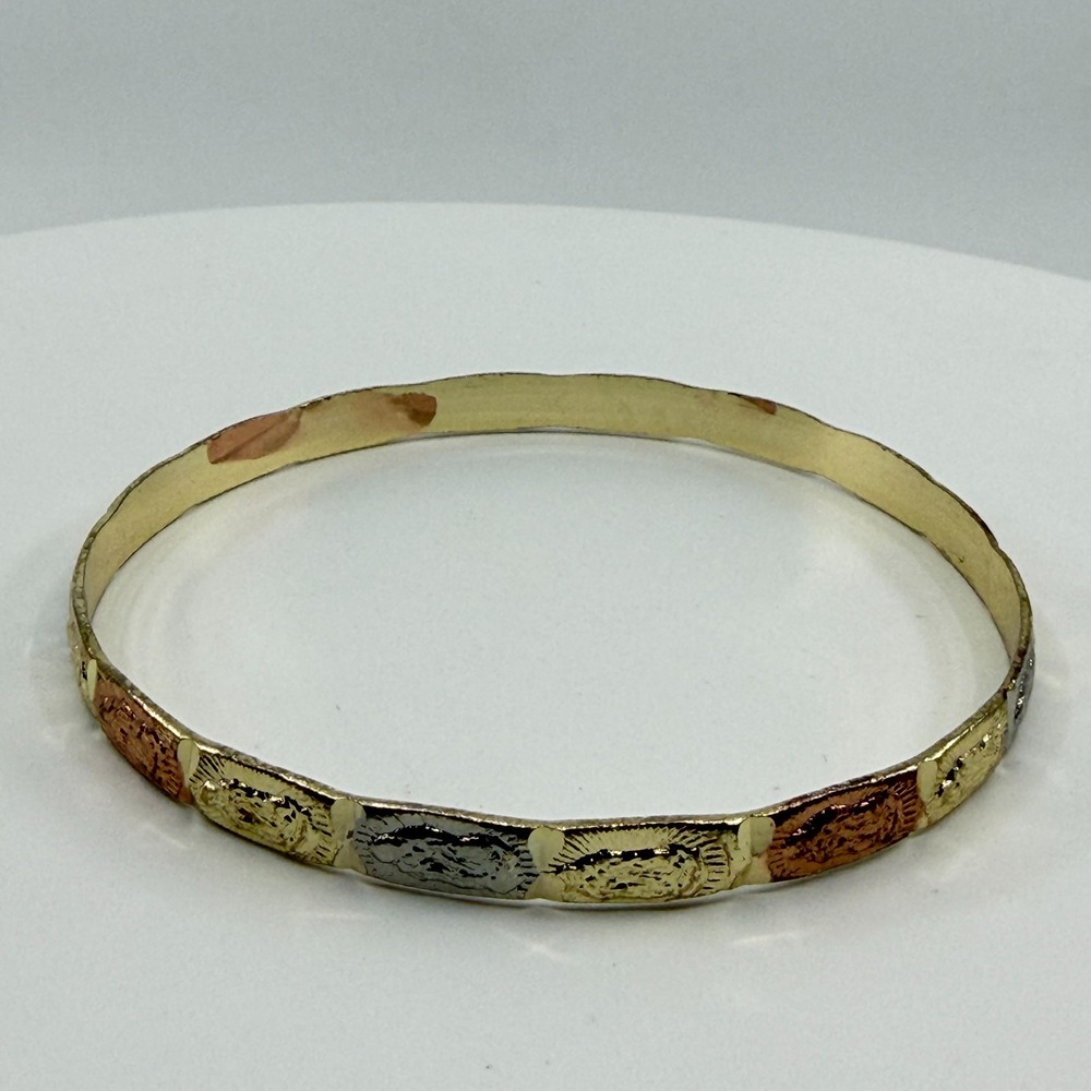 Tri-Color Gold Tone Miraculous Medal Bangle Bracelet - Stackable Jewelry
